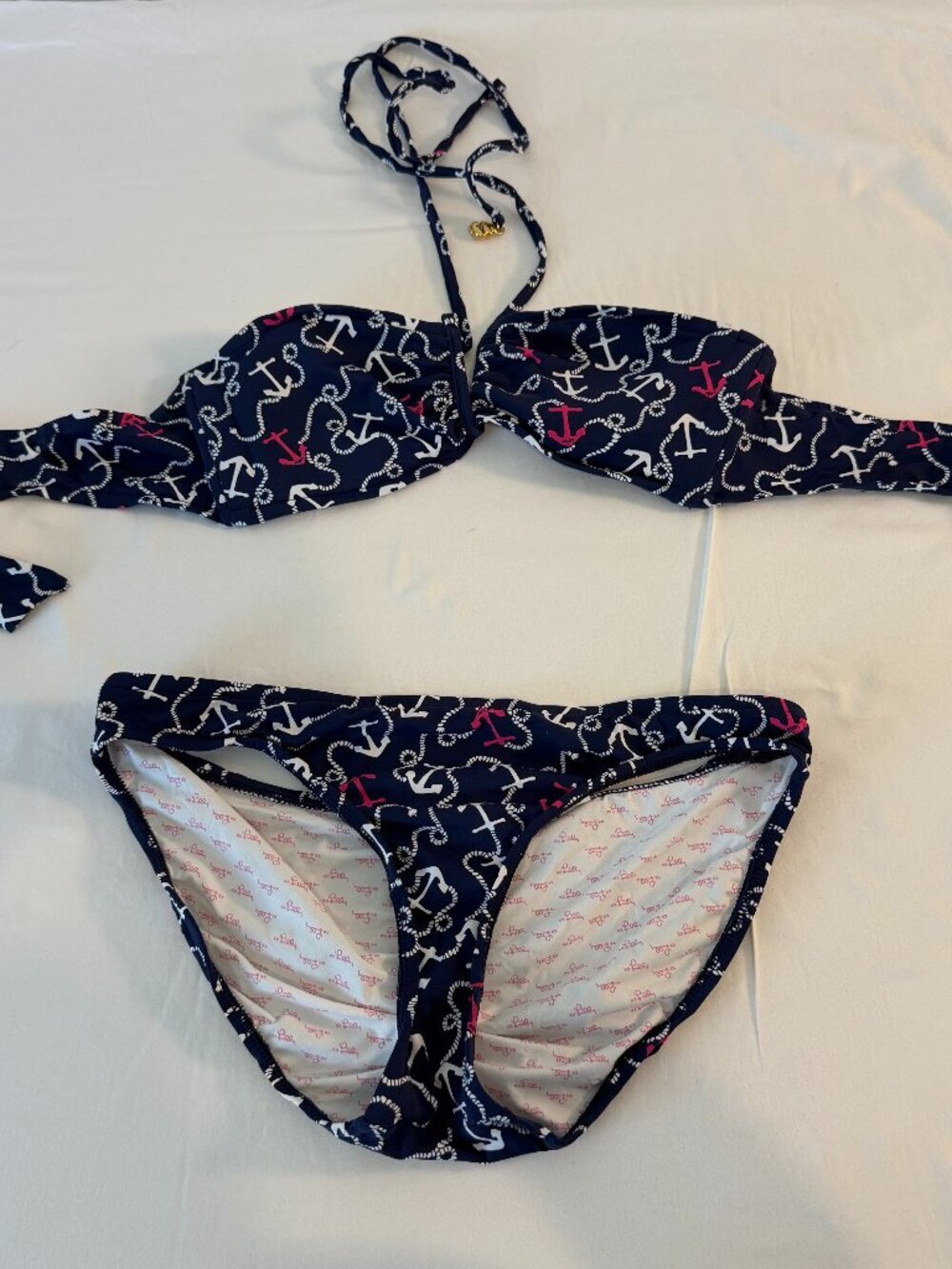 Lilly Pulitzer Bikini Set Women's Medium Navy Anchor Print Bandeau Halter Swim